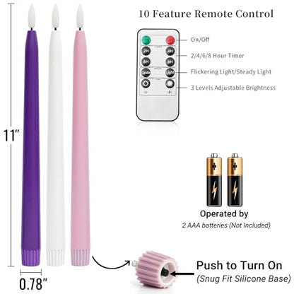 Stmarry Flameless Advent Candles, Set of 5 - Flickering LED Flame, 11 Inch Taper Candlesticks, Remote Controlled - 3 Purple, 1 Pink, 1 White for Christmas Wreath - color: Purple, Pink and White