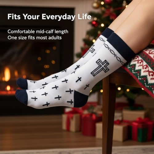 shiningsoul 4-Pack Christian Mid-Calf Socks for Men & Women, Religious Socks with Cross, Dove, Fish Symbol Design, 2 Pack White & 2 Pack Black