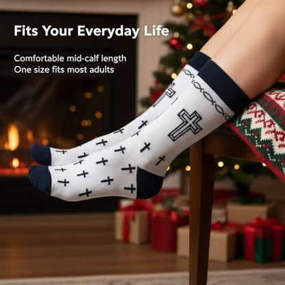 shiningsoul 4-Pack Christian Mid-Calf Socks for Men & Women, Religious Socks with Cross, Dove, Fish Symbol Design, 2 Pack White & 2 Pack Black