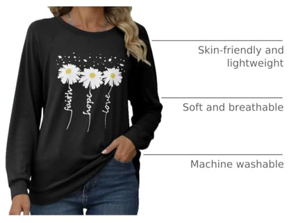 EADINVE Women Daisy Print Sweatshirts Crewneck Long Sleeve Pullover Tops - color: Black, size: XX-Large