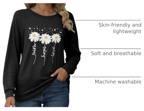 EADINVE Women Daisy Print Sweatshirts Crewneck Long Sleeve Pullover Tops - color: Black, size: Large
