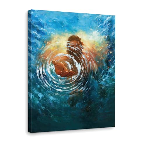 Framed Jesus Christ Canvas Wall Art The Hand of God Jesus Reaching Into Water Christian Painting Prints Biblical Wall Decor Religious Room Decor for Church Prayer Room Schools Hospitals 12" x 16" - color: Jesus 2, size: 16"L x 12"W
