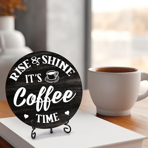 Coffee Themed Decorative Sign, Round Wooden Plaque, 6 Inches, It's Rise & Shine Coffee Time - color: Rise & Shine It‘s Coffee Time