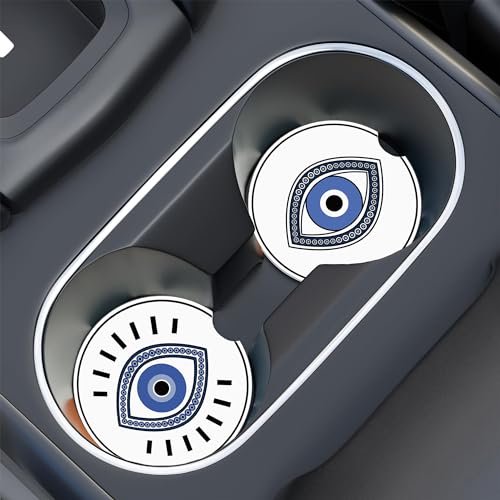 Beaded Blue Eye Symbol Coaster for Cup Holders, Greek Evil Eye Ceramic Drink Coasters for Most Cars, Set of 2 Absorbent Auto Cup Holder 2.56" - color: Blue Evil Eye
