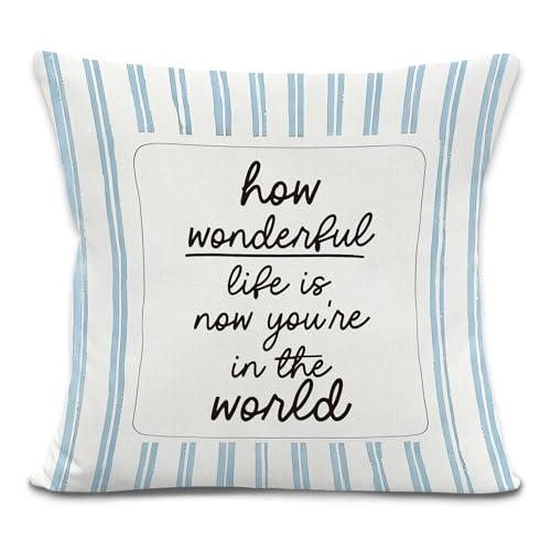 Blue Striped Nursery Throw Pillow Cover, Kids Room Decor, How Wonderful Life is Now You're in the World Decorative Pillowcases Cushion Cases for Boy Nursery Room Decor, 18x18 Pillow Covers - color: How