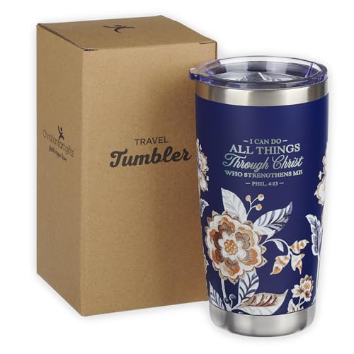 Christian Art Gifts Stainless Steel Scripture Tumbler Travel Mug for Women - color: Navy/Through Christ