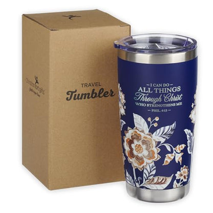 Christian Art Gifts Stainless Steel Scripture Tumbler Travel Mug for Women - color: Navy/Through Christ