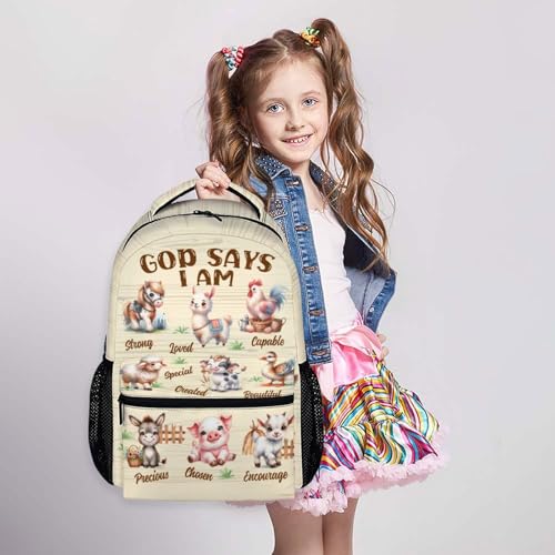 Girls Backpack for Kids Ages 6-16 Girls School Bookbag for Primary Elementary, Farm Animals Backpacks for Camping Travel Hiking Back to School Gifts - color: Beige