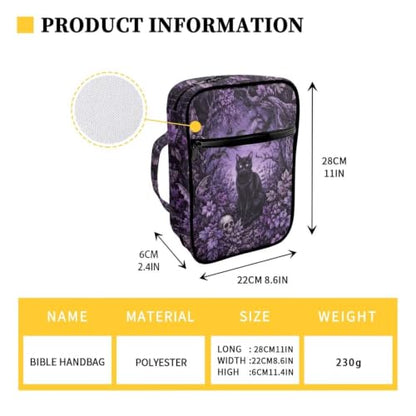 Suobstales Cat Skull Bat Leaves Pattern Bible Cover Carrying Book Case for Women Men Halloween Lightweight Bible Bag Bible Protective with Handle and Zippered Pocket - color: Cat Skull Bat Leaves