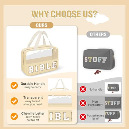 Chenille Letter Bible Bag Cover Case for Women,Preppy Bible Study Supplies Church Bag Purse Bible Accessories with Handle Zipper,Waterpoof Travel Makeup Bag Christmas Christian Gifts(BIBLE-Beige) - color: BIBLE-Beige