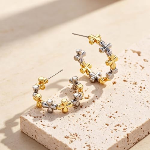Two Tone Gold Silver Hoop Earrings Mixed Metal Open C Hoop Earrings - color: Cross