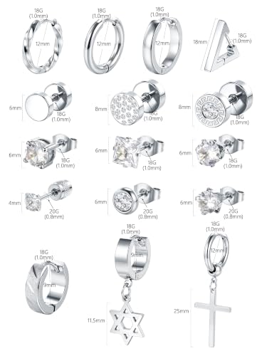 Oveta 16 Pairs 18G 16G Stainless Steel Mens Earrings, Earrings for Men with Studs Hoop Earring Cross Dangle Earrings Hypoallergenic Ear Piercing Jewelry for Men Women, Silver Gold Black - color: Silver
