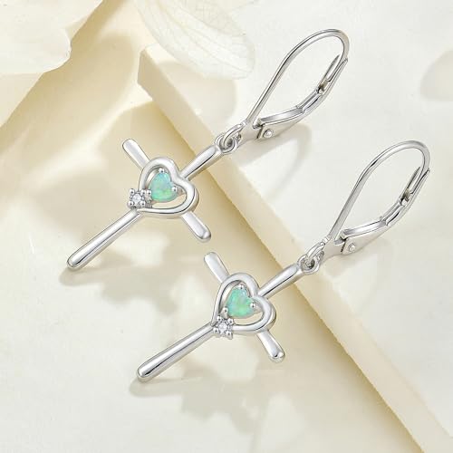 Cross Earrings 925 Sterling Silver Opal Crucifix Dangle Drop Earring Heart Birthstone Religious Jewelry for Women - color: Green Opal
