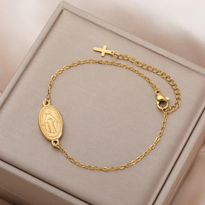 VASSAGO Virgin Mary Bracelet for Women Men Double-Sided Virgen de Guadalupe Rosary Bracelet Medal Handmade Braided Rope Catholic Christian Religious Jewelry Gift - color: Gold 12