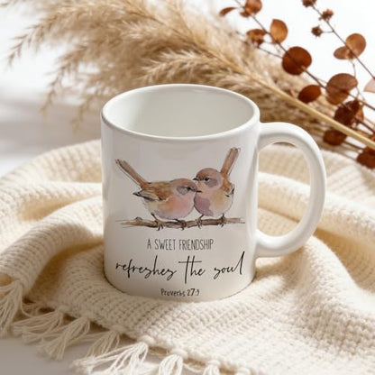 TRENSTIS Bird Christian Friendship Mug, A Sweet Friendship Refreshes the Soul Bible Verse Ceramic Coffee Cup, 11 oz, Best Friend Religious Gifts Coffee Tea Mug