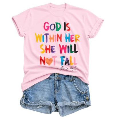 Sulayesh Christian Shirts for Women Jesus God is Within Her Tshirt Faith Inspirational Bible Verse Religious Graphic Tee Tops - color: Pink, size: Small