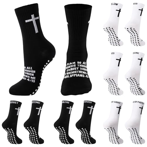 Janmercy 6 Pairs Grip Soccer Socks for US 6-11 Anti Slip Sport Socks with Cross Bible Verse Gift for Men women - color: White Black