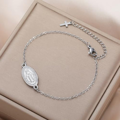 VASSAGO Virgin Mary Bracelet for Women Men Double-Sided Virgen de Guadalupe Rosary Bracelet Medal Handmade Braided Rope Catholic Christian Religious Jewelry Gift - color: Silver 12