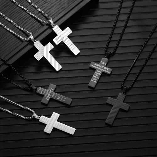 RWQIAN American Flag Cross Necklace for Men Bible Verse, Christian Religious Scriptures Faith Baptism 1st First Communion Pendant Chain for Boys, Fathers Dad Day Graduation Jewelry Gifts for Him - color: Silver, style: I am
