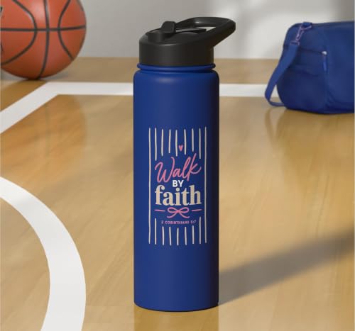 Christian Faith Scripture Verse Walk by Faith Pink Bow Stainless Steel Insulated Water Bottle - color: Royal Blue