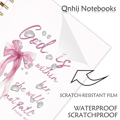 Coquette Pink Bow Christian Spiral Notebook 5.5x8.3, God is Within Her She Will Not Fall Bible Journaling, Religious Prayer Journal for Woman, Church Notes Notebook, Scripture Journal