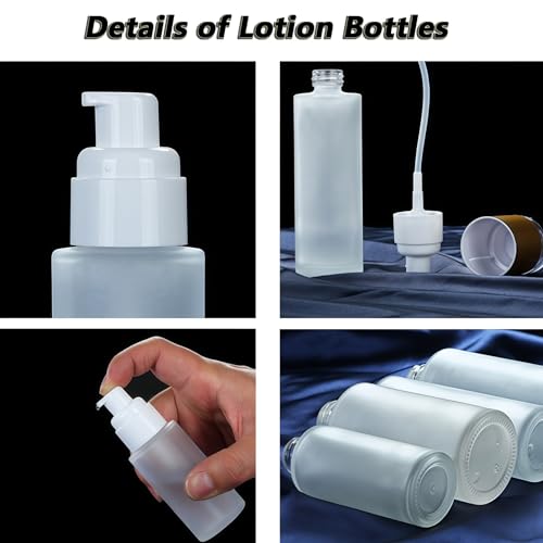 QUUPY 3Pack 50ml / 1.7 fl oz Empty Clear Frosted Glass Refillable Pump Bottles - Portable Travel Dispenser Containers for Lotion Cream Gel Foundation - size: 50ml