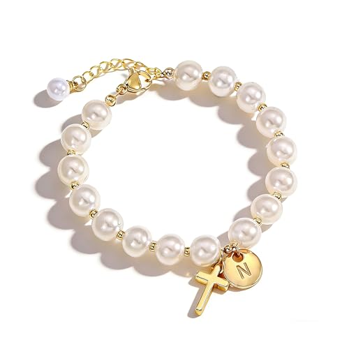 Cross Initial Bracelet Dainty Gold Cross Pearl Bracelet with Letter A-Z Christian Baptism Gifts Religious Faith Jewelry Stocking Stuffers for Teens - color: Gold N