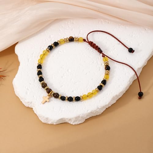 Cross Bracelets for Women Girls, Christian Gifts for Women Natural Stone Beaded Bracelets First Communion Confirmation Baptism Gifts Catholic Easter Christmas Inspirational Gift Jewelry - color: Onyx - Every Day