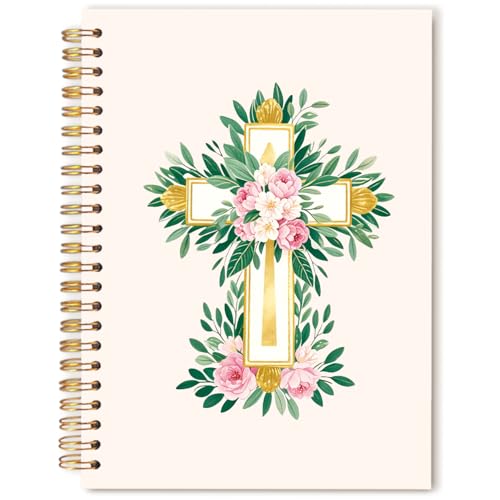 Christian Notebook Journal, Religious Gifts for Women Christian, Floral Cross Prayer Spiral Hardcover Notebook Journal for Church Notes Study Office Work, 5.5x8.3 Inch - color: Pink Flowers & White Cross