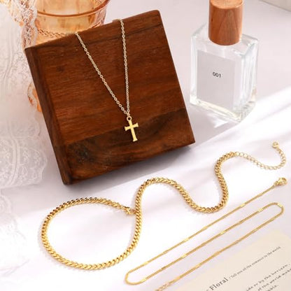 Layered Gold Necklace for Women, 14K Gold Plated Necklace Stack Set, Dainty Pendant Necklace Non Tarnish, Fashion Bow CZ Circle Star Hammered Cross Jewelry Gift for Women - color: Gold-04