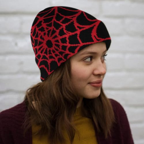 Unisex Stretch Warm Winter Skull Cap, Cold Weather Knit Beanie - color: Red Spider Web Pattern