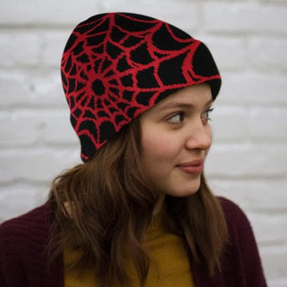 Unisex Stretch Warm Winter Skull Cap, Cold Weather Knit Beanie - color: Red Spider Web Pattern