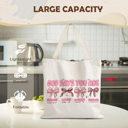 God Says You are Christian Canvas Tote Bags for Women, Inspirational Christian Gifts for Women - color: Bow God Says You Are