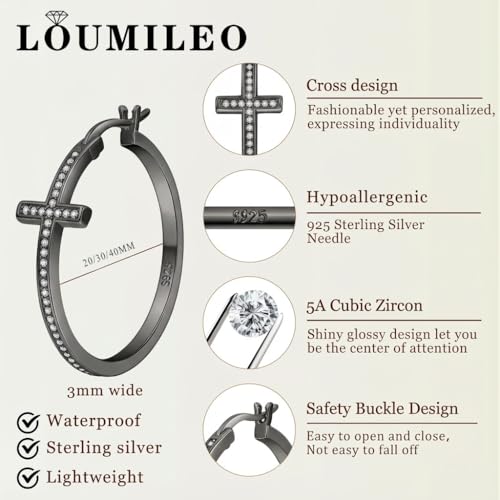 LOUMILEO Sterling Silver Cross Hoop Earrings for Women Rhinestone 20-40MM - color: Black 20MM