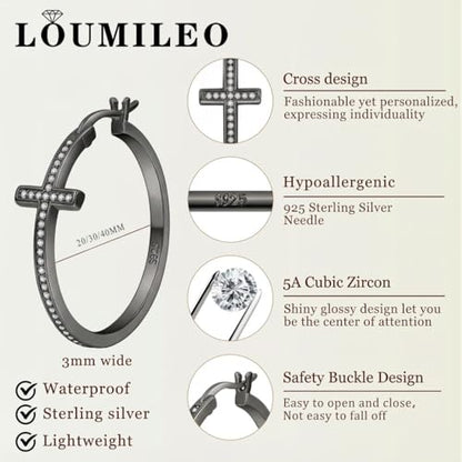 LOUMILEO Sterling Silver Cross Hoop Earrings for Women Rhinestone 20-40MM - color: Black 20MM