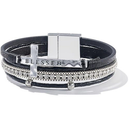 Christian Cross Leather Bracelets Boho Western Blessing Religious Jewelry - color: Black