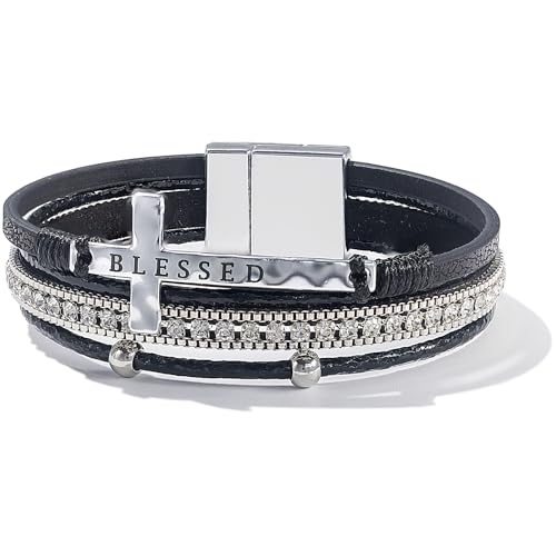 Christian Cross Leather Bracelets Boho Western Blessing Religious Jewelry - color: Black