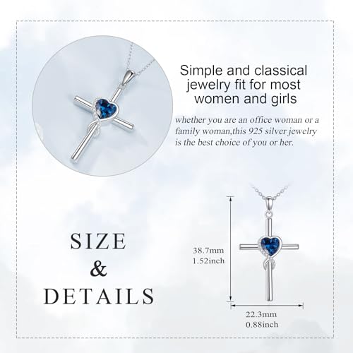 S925 Sterling Silver Cross Necklace for Women Birthstone Necklace Heart Infinity Cross Pendant Necklace Christmas Valentines Day Gifts Birthday Holiday Gifts for Her, 18"+2" Inches - color: 09-Sep Birthstone - Blue Sapphire