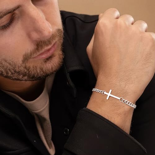 M MOOHAM Cross Bracelet for Men, Silver/14K Gold Plated Mens Bracelet - color: Silver Plated Cuban Link Chain-8.3Inch