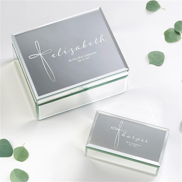 Personalization Universe Small Holy Name Engraved Mirrored Jewelry Box - Personalized Communion Gift, Velvet-Lined, for Girls, Perfect for Easter & Communion Gifts