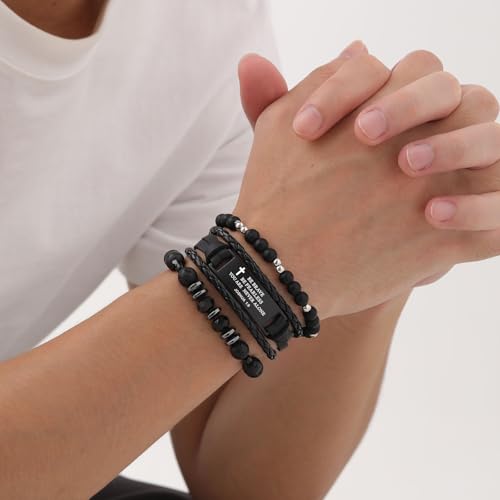 Mens Cross Bead Braided Genuine Leather Bracelet, Black Gemstone Agate Onyx Beaded Rosary Obsidian Bangle, Faith Religious Easter Catholic Christian Communion Baptism Christmas Jewelry Gift for Men - color: Set-Joshua 1:9