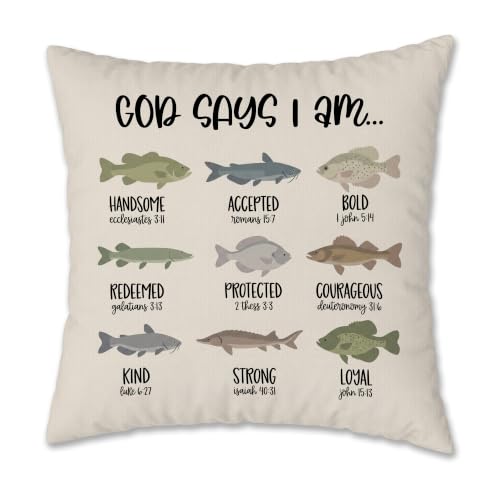 Christian Fish Pillow Cover 18x18, Fishing Nursery Decor, God Says I Am Inspirational Bible Verse Decorative Pillow Cover Pillowcase for Kids Room Playroom Church Nursery Home - color: Christian Fish