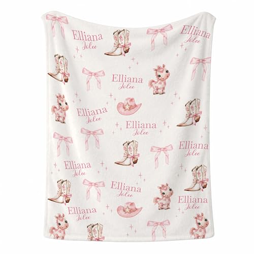 Personalized Personalized Western Pink Boots & Bows Baby Blanket, Cowboy Hat Boots Rope Pattern Design, Custom Name Toddler Kids Throw, Ranch Nursery Decor, Baby Gift Idea - color: Western Pink Boots & Bows Baby Blanket