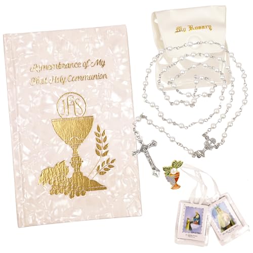 Needzo Timeless White First Communion Boxed Set – The Lord’s Supper Essentials, Scapular, Pin, Rosary, For Ages 15+, Booklet & Pouch