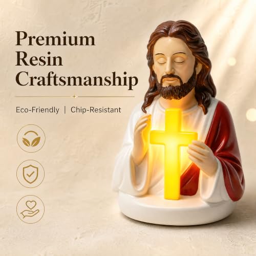 Sacred Jesus Cross Figurine LED Night Lamp, 6'' Resin Jesus Bust Statue with Illuminated Cross, Soft Warm Light Prayer Devotional Lamp,Gift for Baptism, Easter, Christmas, Housewarming - color: Red