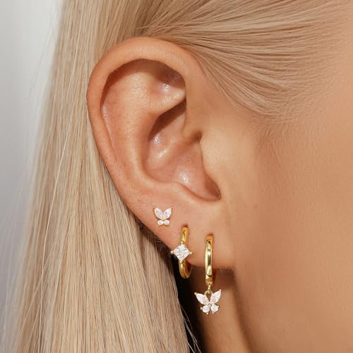 Angelady Gold Hoop Earrings Set for Women, Dainty 14K Gold Plated Flower Moon Cross Dangle Earrings, Hypoallergenic Huggie Hoop Earring Stacks, Stud Earrings for Women Trendy Jewelry Gift - color: Butterfly Earrings