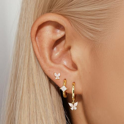 Angelady Gold Hoop Earrings Set for Women, Dainty 14K Gold Plated Flower Moon Cross Dangle Earrings, Hypoallergenic Huggie Hoop Earring Stacks, Stud Earrings for Women Trendy Jewelry Gift - color: Butterfly Earrings