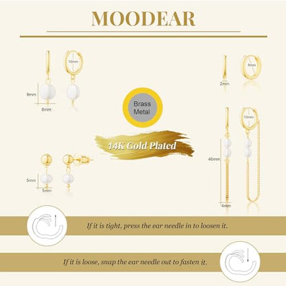 Moodear Gold Earrings for Women, 14K Plated Pearl Earring Stack Jewelry - color: 4pc chain pearl hoop