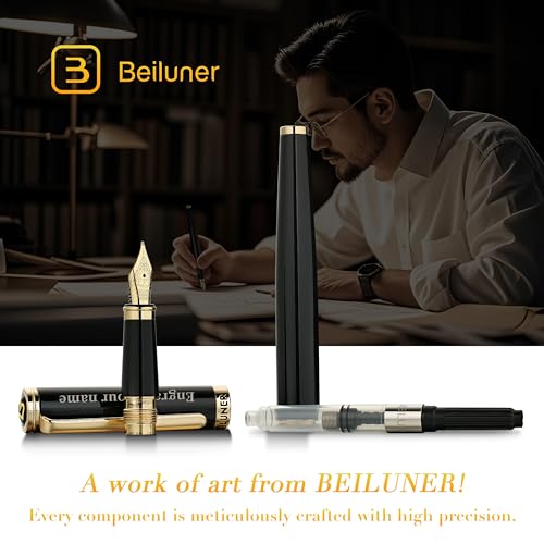 BEILUNER Black Personalized Fountain Pen,Stunning Luxury Lacquer,24K Gilded Nib(Fine),Gorgeous 24K Gold Finish, Ink Converter,Fancy Office Gift for Men&Women-Elegant, Graduation,Nice Pens for Writing - color: ,Black with Gold (Personalized), style: Fine N