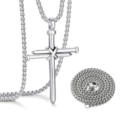 2 PCS Nail Cross Pendant for Car, Auto Rear View Mirror 3-Nail Jesus Cross Pendant, Religious Stainless Steel Necklace Hanging Ornament for Sedan Truck SUV, Car Accessories (Silver) - color: Silver